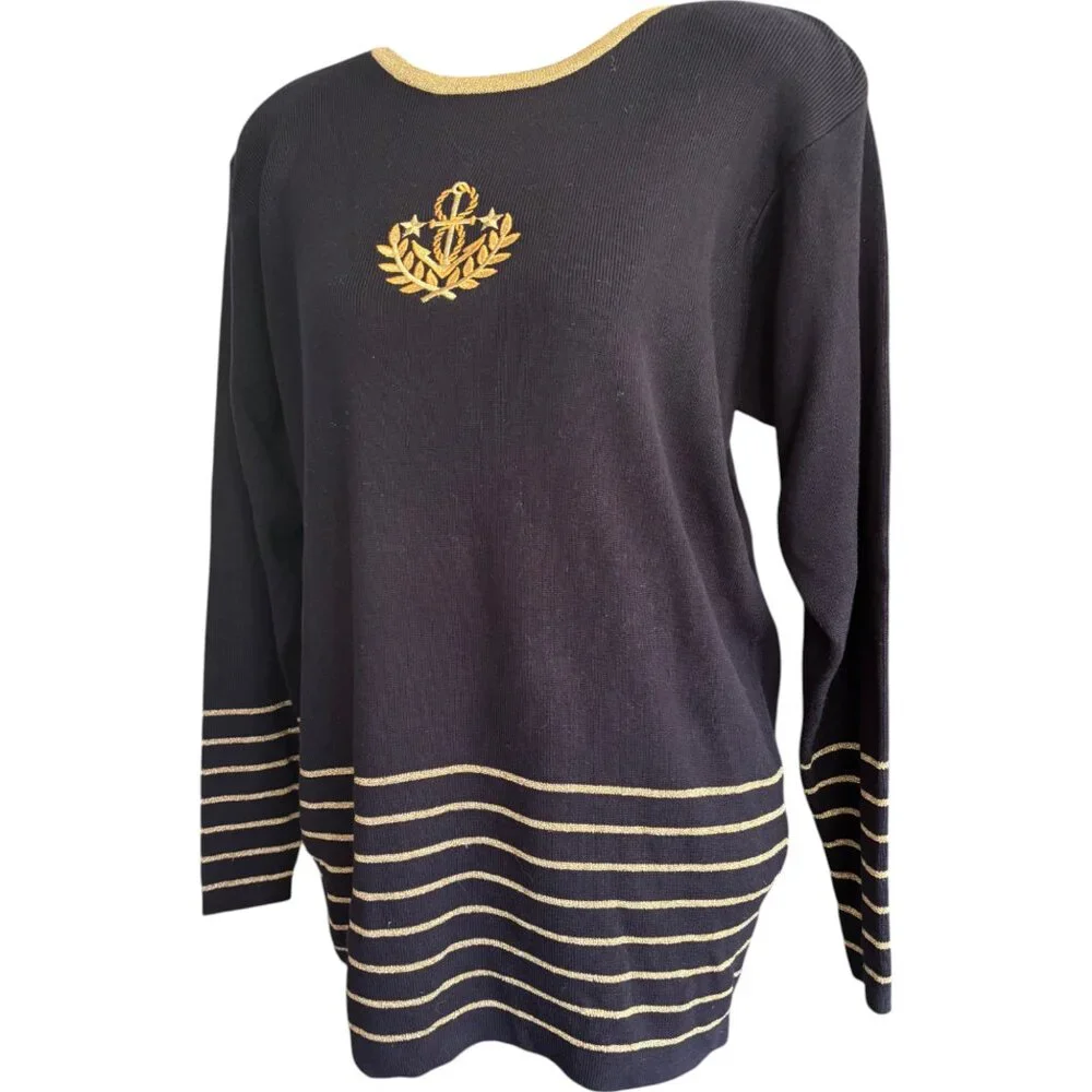 Casual Corner Vintage Nautical Anchor Crest Sweater Black Gold Metallic Womens M